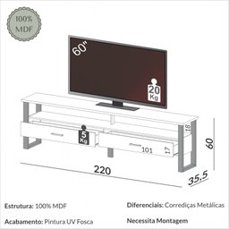 Rack para Tv até 75 Polegadas 2 Gavetas 220cm Industrial Freijó/preto - Dalla Costa - 5