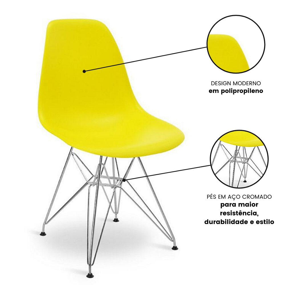 Cadeira Eames Design Eiffel De Jantar Amarela Ferro Cromado - 2