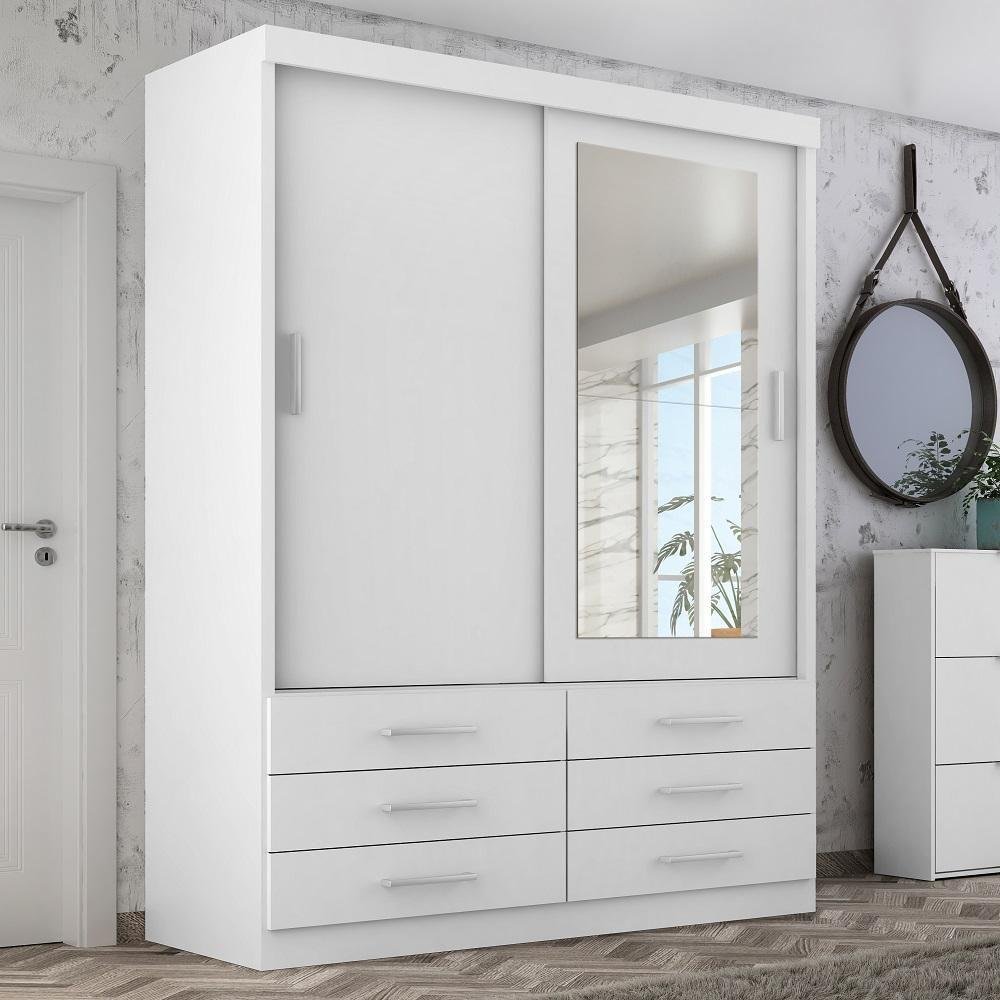 Guarda Roupa Solteiro 2 Portas Correr 6 Gav Capri - Quarta Divisão:branco C/espelho
