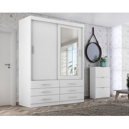 Guarda Roupa Solteiro 2 Portas Correr 6 Gav Capri - Quarta Divisão:branco C/espelho - 4