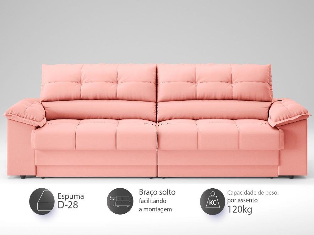 Sofá com Carregador Usb e Molas no Assento Retrátil Reclinável Mimo 2,30m Velosuede Rose - Netsofas - 3