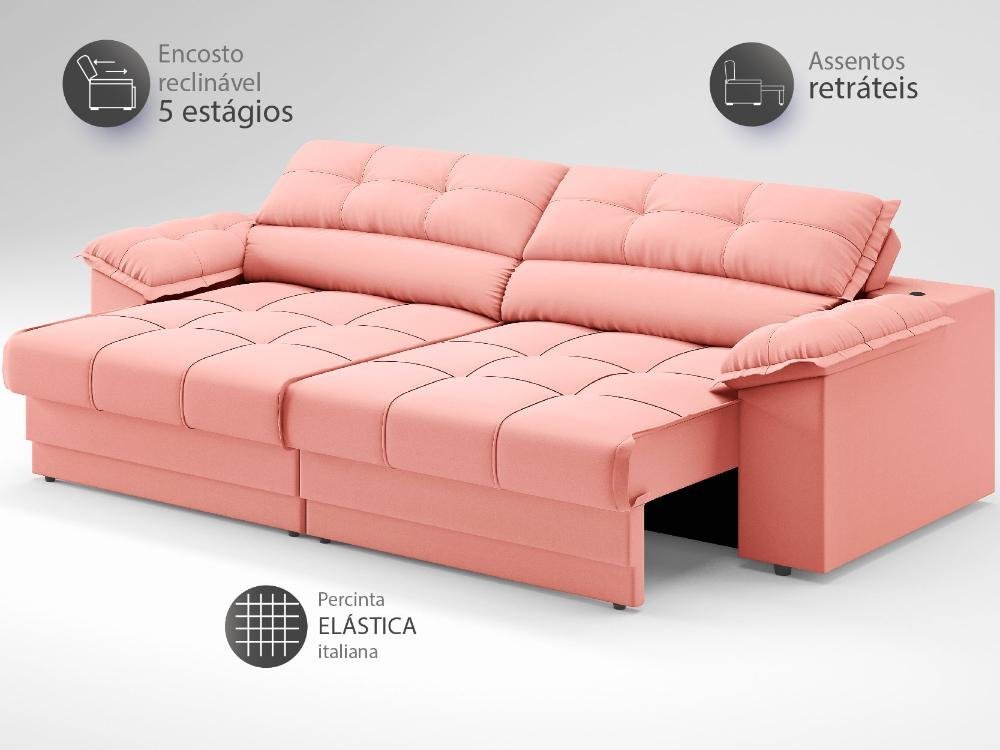 Sofá com Carregador Usb e Molas no Assento Retrátil Reclinável Mimo 2,30m Velosuede Rose - Netsofas - 4