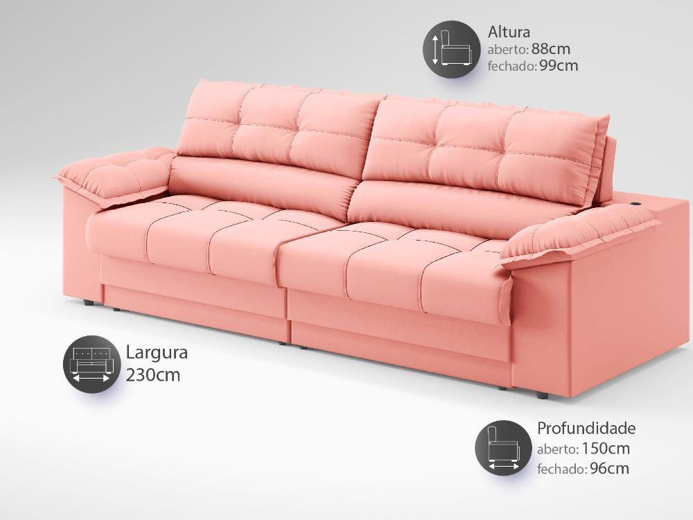 Sofá com Carregador Usb e Molas no Assento Retrátil Reclinável Mimo 2,30m Velosuede Rose - Netsofas - 2