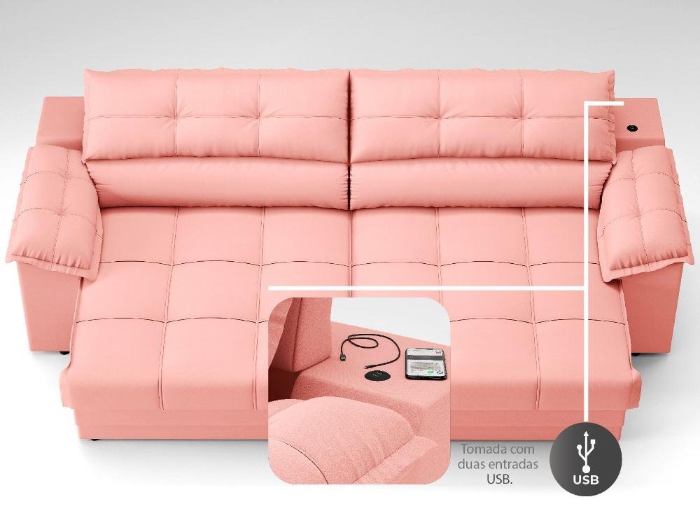 Sofá com Carregador Usb e Molas no Assento Retrátil Reclinável Mimo 2,30m Velosuede Rose - Netsofas - 6