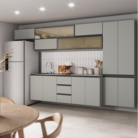 Cozinha Modulada 8 Peças 5 Aéreos 2 Balcões 1 Paneleiro Nara CabeCasa MadeiraOriginals Cinza