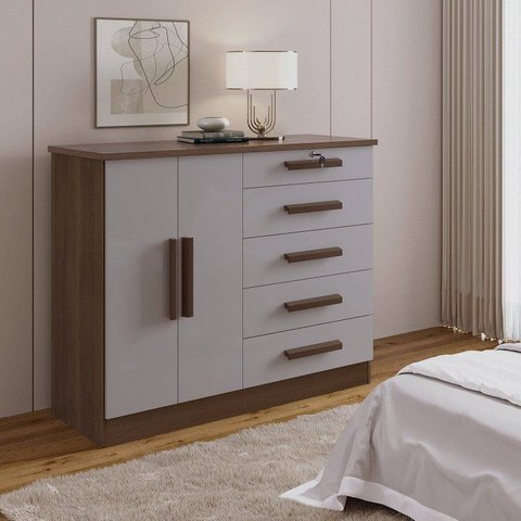 Cômoda com Sapateira e 5 Gavetas com Chave e Divisória Porta-Treco Tampo MDF Castanho/Off White