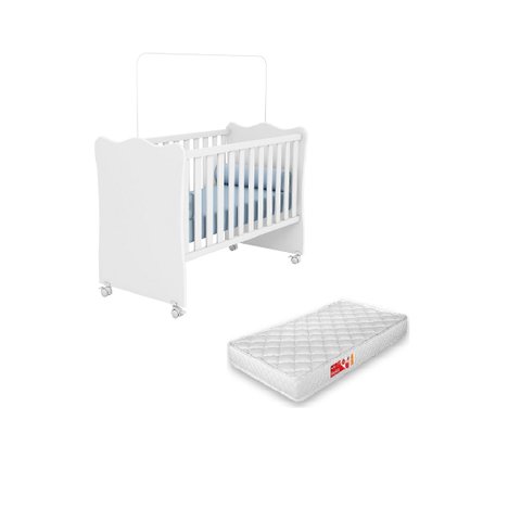 Berço Nuvem de Algodão Simples Grade Fixa Branco com Rodízio + Colchão para Quarto Infantil