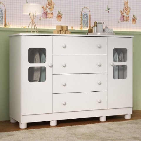 Cômoda Infantil 125cm 2 Portas com Vidro e 4 Gavetas Sol Multimóveis Mp4423 Branco