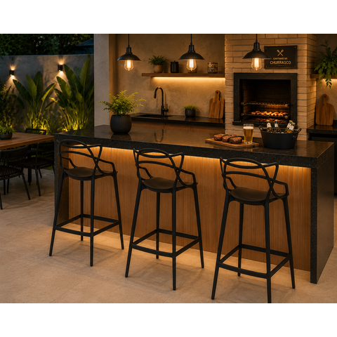Conjunto c/3 Banqueta Allegra Alta Master Preta Cozinha Americana Balcão Polipropileno