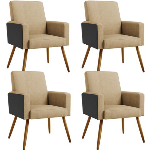 Kit 04 Poltronas Decorativa Maria W01 Pés Palito Linho Bege Escuro Couríssimo Preto - Lyam Decor