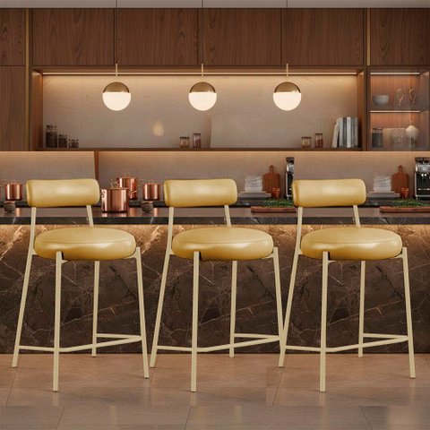 Banqueta Cozinha Média com Encosto Kit 3 Industrial Champanhe Londres PU Facto D03 - D'Rossi