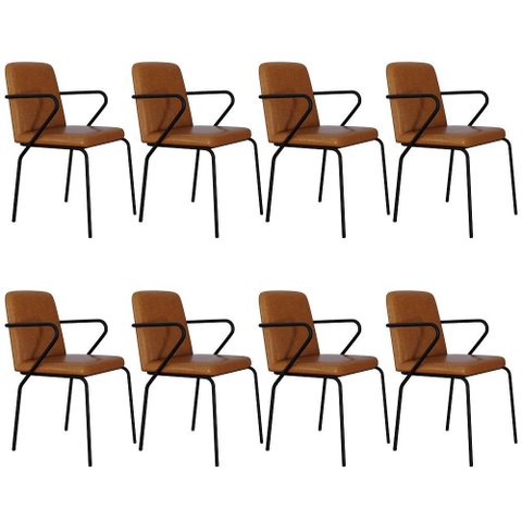 Kit 08 Cadeiras Estofada para Sala de Jantar com Braço Loft Preto C01 Courino Caramelo - Lyam Decor