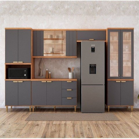 Cozinha Modulada 5 Peças com 1 Cristaleira 1 Balcão 2 Armários Aéreo 1 Torre Elena Cinamomo/Titanium