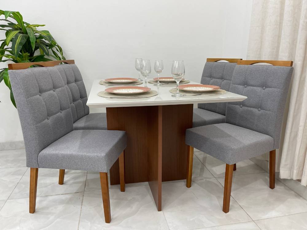 Mesa de Jantar com 4 Cadeiras 1.20x0.90 Helo/nicole – Mel/off White/cinza