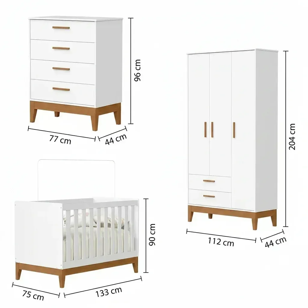 Ver imagem 3 de Quarto de Bebê Completo 3 Peças com Berço Minicama 2 em 1, Cômoda e Guarda Roupa 3 Portas em MDF Flip Branco Fosco