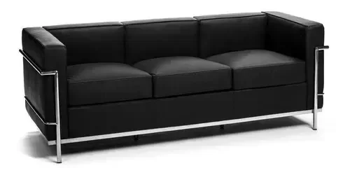 Sofá 3 Lugares Le Corbusier Premium em Couro Sintetico Preto
