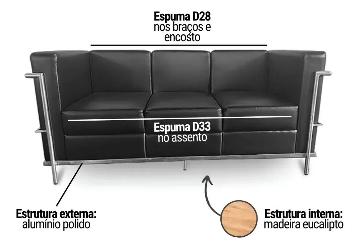 Sofá 3 Lugares Le Corbusier Premium em Couro Sintetico Preto - 3