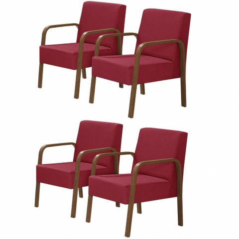 Kit 4 Poltronas 1 Lugar Luna Braço Madeira D Salla Vermelho