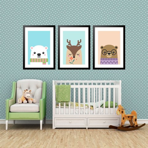 Kit 3 Quadros Grandes Infantil Filhotes 60x48cm:moldura Preta