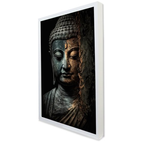 Quadro Decorativo Buda Meditando em Moldura Caixa Tacolado Moldura Caixa 3cm Branca com Vidro 80 X 1