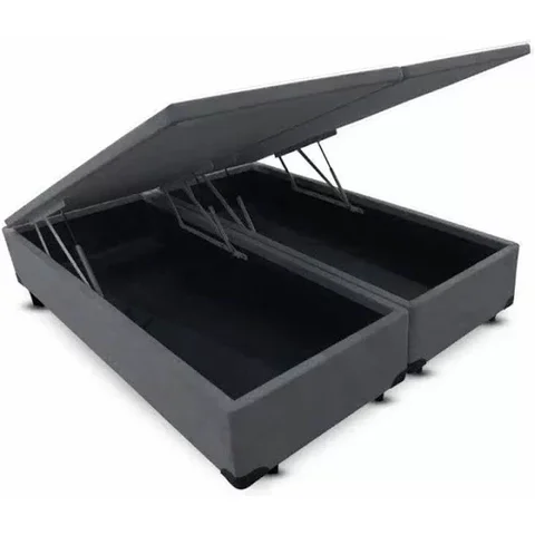 Cama Box Baú Queen Bipartido Blindado Sintético Cinza Com Pistão A Gás