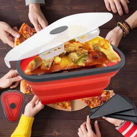 Porta Pizza Kit Pote Silicone Hermetico 5 Fatias para Tortas e Bolo Retratil Micro-Ondas Vermelho