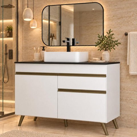 Gabinete Banheiro com 2 Portas e 1 Gaveta 120cm Retrô Multimóveis MP5539 Branco/Dourado