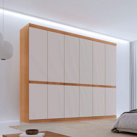 Guarda Roupa Casal Doble 6 Portas de Bater 4 Gavetas MDF Off White e Naturalle Moderna 220cm