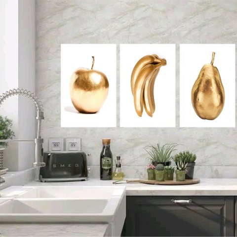 Kit 3 Quadros Cozinha Frutas Ouro 24x18cm - com Vidro:moldura Branca