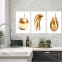 Ver imagem 1 de Kit 3 Quadros Cozinha Frutas Ouro 24x18cm - com Vidro:moldura Branca