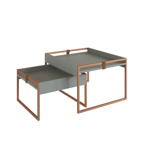 Conjunto Mesa de Centro Sala de Estar Design com Couro e Mdf:verti/dourado