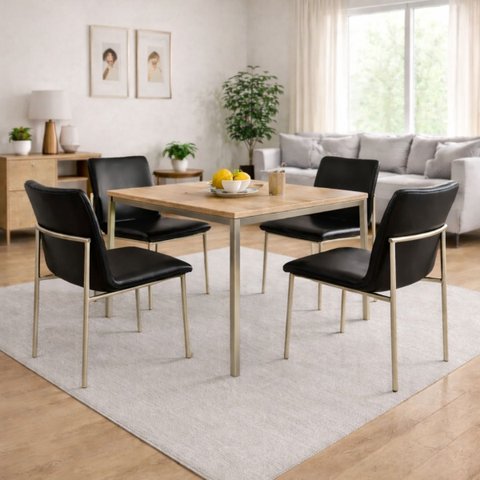 Conjunto de Jantar 4 Cadeiras Lisa Estofada Cor Preto Pés Cor Champanhe