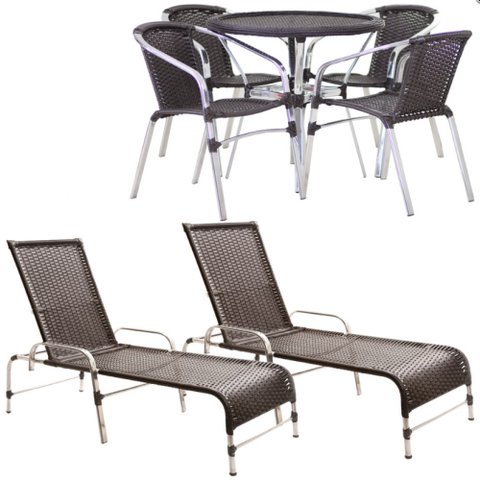 Kit 4 Cadeiras Floripa e Mesa Tampo Tramado com 2 Espreguiçadeiras Catar Piscina, Jardim, Varanda, Á