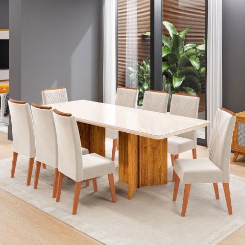 Mesa de Jantar 8 Lugares Princeton com Vidro Mel/off White/pastel - Viero Móveis