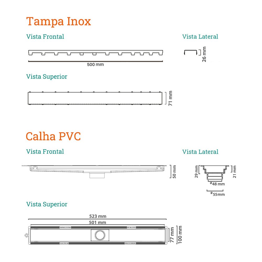 Ralo Linear Novii Sifonado 8892 50cm Saída Central com Tampa Inox Polida Inox Polido 8892 - 3