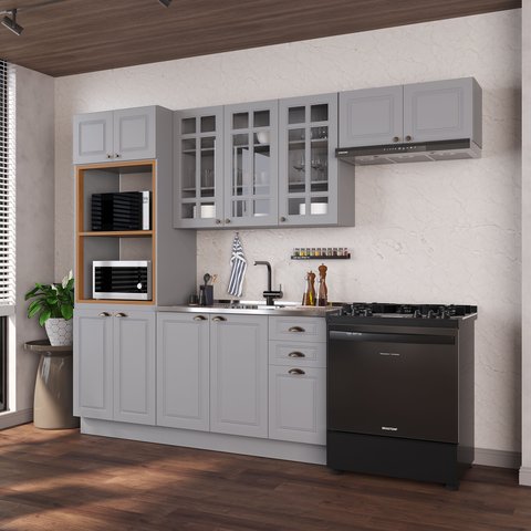 Cozinha Modulada 4 Peças Torre Quente Balcão sem Tampo 2 Aéreos 100% MDF com Vidro e Rodapé Bari Cinza/Titânio Fosco
