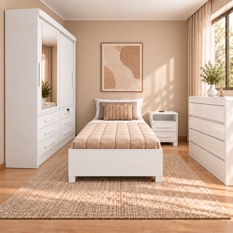 Quarto Solteiro Completo Roupeiro com Espelho Nevasca -Tcel