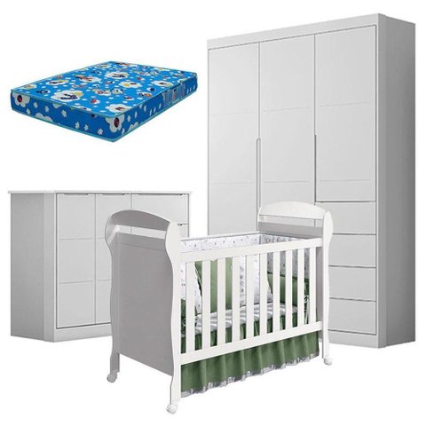 Quarto de Bebê Eloá com Berço Americano Danny Branco Acetinado e Colchão da Ortobom - Phoenix