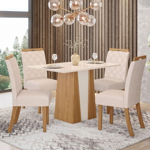 Sala de Jantar Orus 4 Lugares Tampo MDF Cadeiras Bella Suede Off White 120cm Móveis Henn