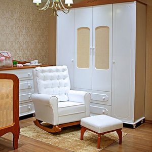 Poltrona de Amamentação Paris Base Balanço C/ Puff Retrô Courino Branco