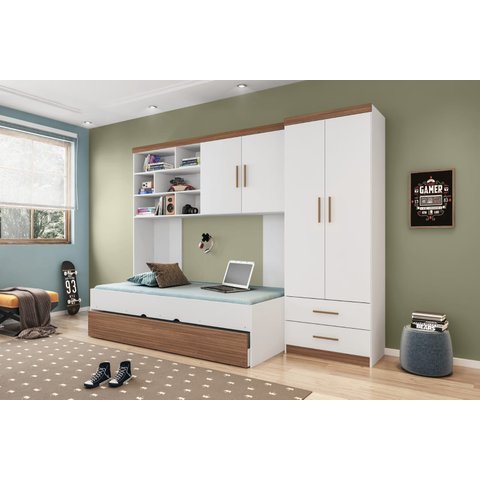 Quarto modulado Infanto Juvenil Chiara 4 Peças Branco c/ Amadeirado Phoenix Baby