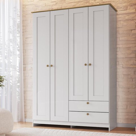 Guarda-Roupa Roupeiro Solteiro 4 Portas 2 Gavetas 120cm Branco e Ipê - Decibal