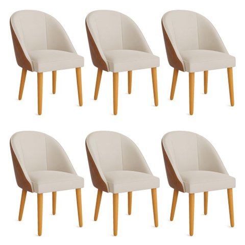 Kit 06 Cadeiras Poltrona de Jantar Bela Corano Nozes e Linho Bege Pés Palito Castanho - Pallazio