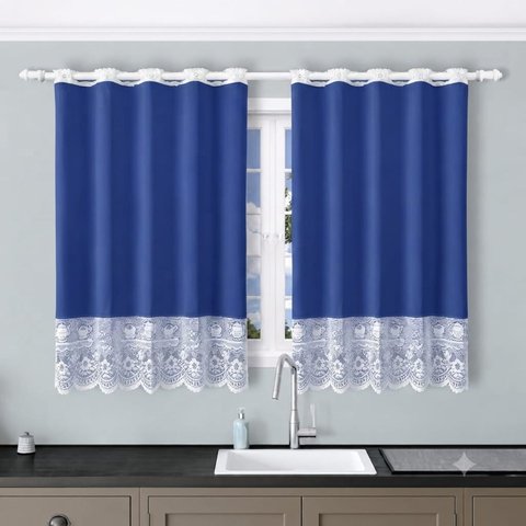 Cortina Valência 2,60x1,50 Tecido/Renda Cozinha - Azul Royal