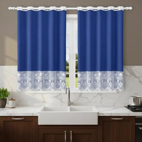 Cortina Valência 2,60x1,50 Tecido/Renda Cozinha - Azul Royal