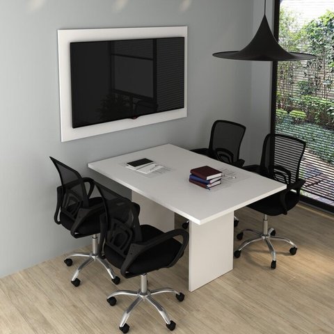 Kit com Mesa para Reunião 4 Lugares e Painel para TV até 55 Polegadas Branco