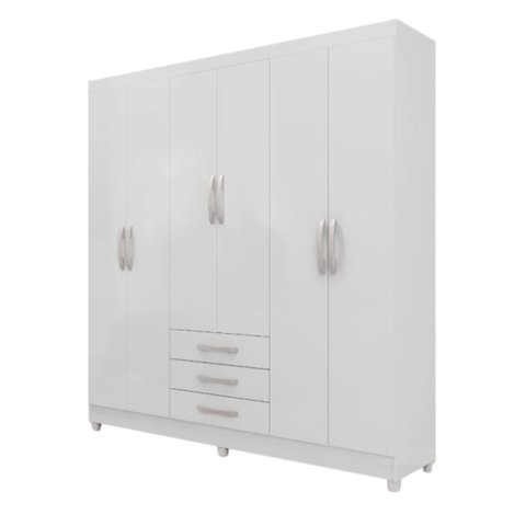Guarda Roupa Casal 6 Portas 3 Gavetas 180cm Branco Megasul