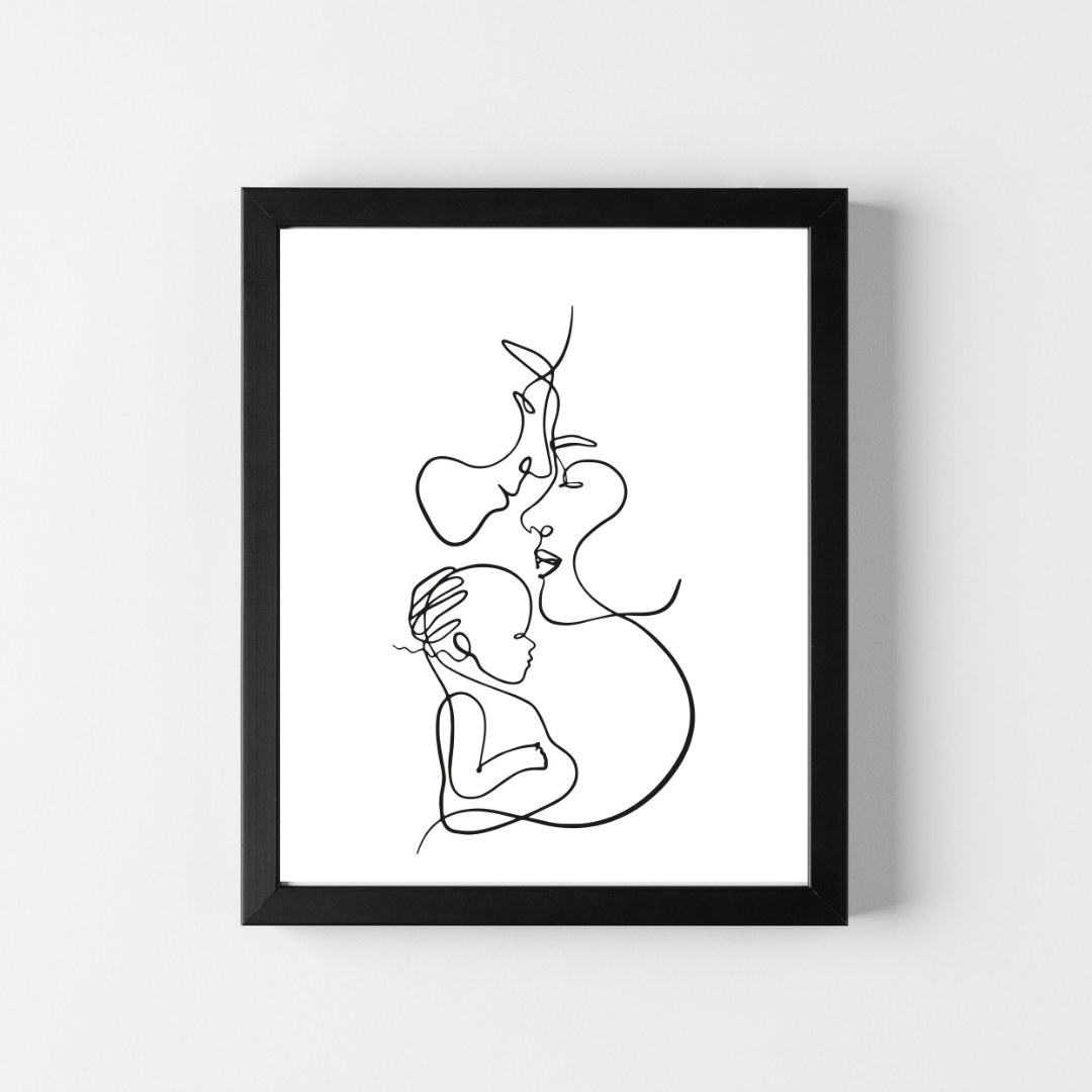 Quadro Linhas Decorativo Família Mãe Pai Bebê Minimalista com Moldura 45x35cm Adesivado