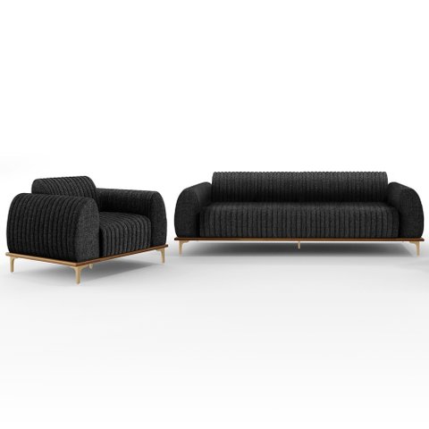 Kit Sofá 3 Lugares Sala Estar 210cm e Poltrona Molino Pés D'ouro D02 Linho Chumbo D-465 - Lyam