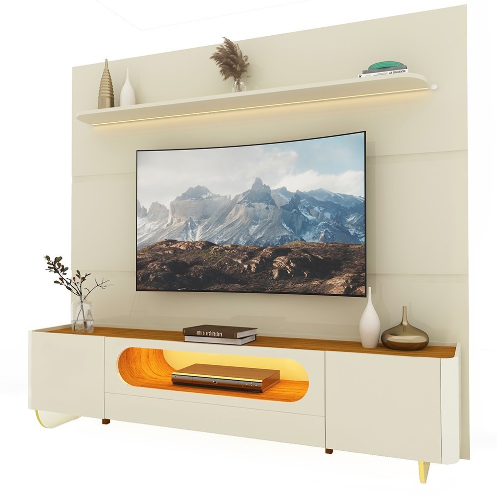 Painel e Rack com Led Pés Vidro Royal Nobre Off White Naturale - Gelius - 4